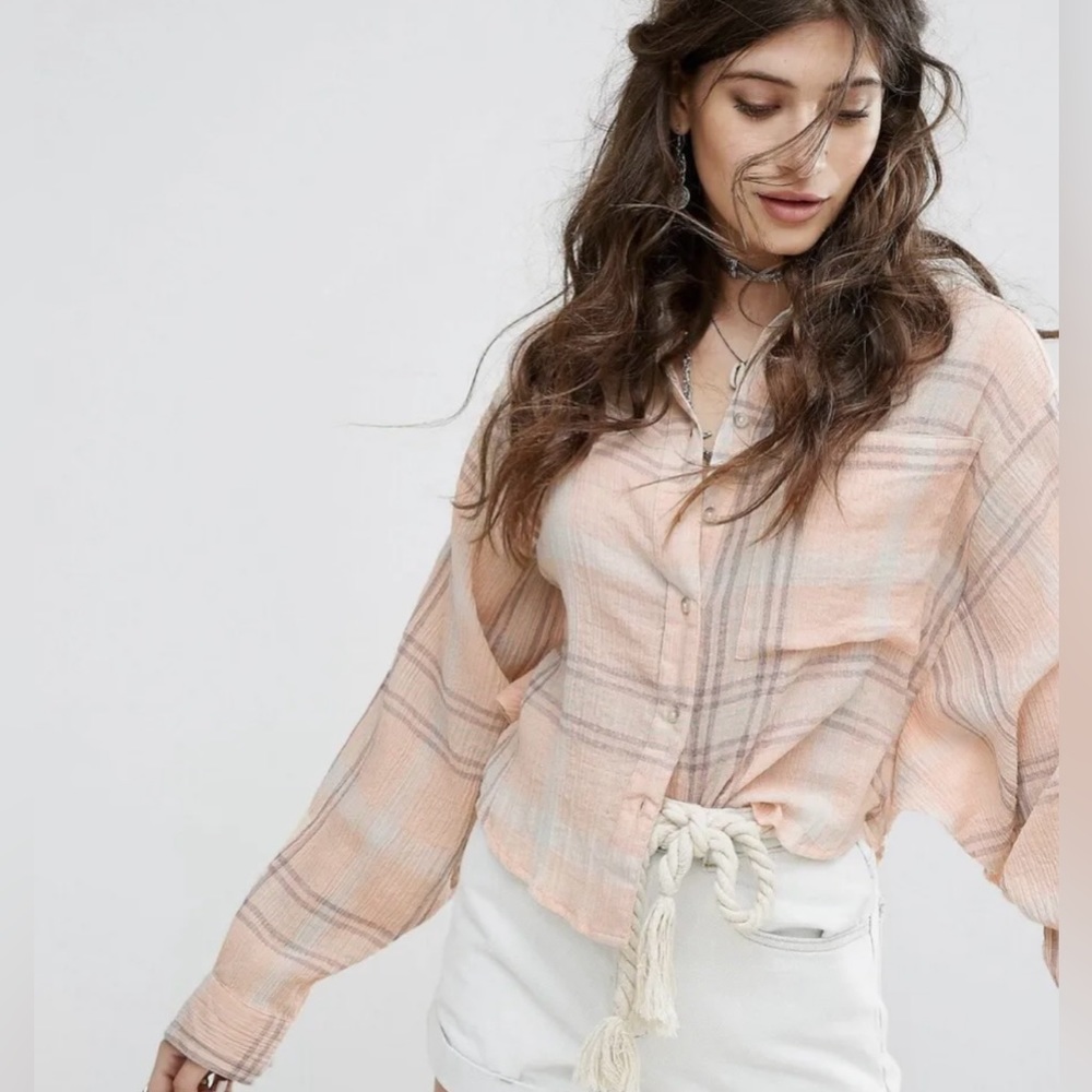 Free People Cropped Cutie Plaid Button Down Shirt Top